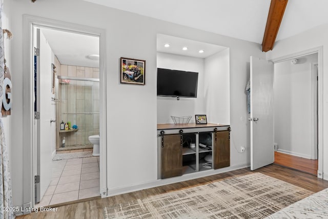 94 Tarnwood Dr, Brandenburg, KY 40108 - bedroom with light wood-type flooring, beamed ceiling, connected bathroom, baseboards, and recessed lighting