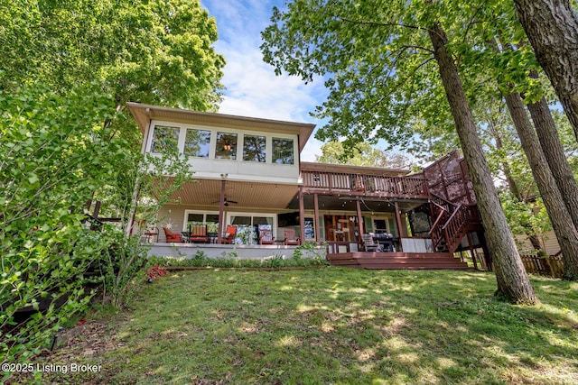 94 Tarnwood Dr, Brandenburg, KY 40108 - back of property featuring a wooden deck, a yard, stairs, a patio area, and ceiling fan