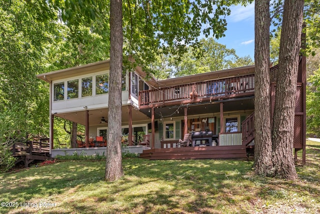 94 Tarnwood Dr, Brandenburg, KY 40108 - back of house with a wooden deck, a yard, and ceiling fan