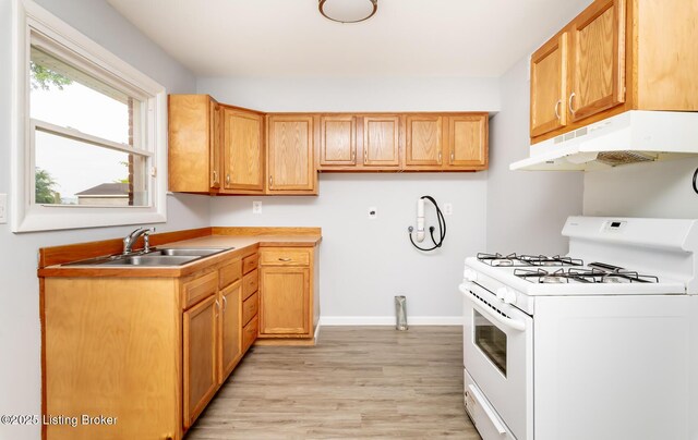1057 Hillview Blvd, Shepherdsville, KY 40229 - kitchen featuring gas range gas stove, under cabinet range hood, light wood-style flooring, a sink, and baseboards