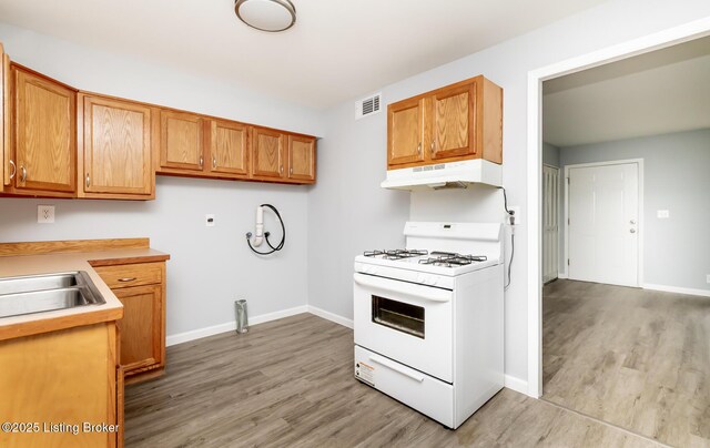 1057 Hillview Blvd, Shepherdsville, KY 40229 - kitchen featuring white range with gas stovetop, under cabinet range hood, light wood-style flooring, and brown cabinetry