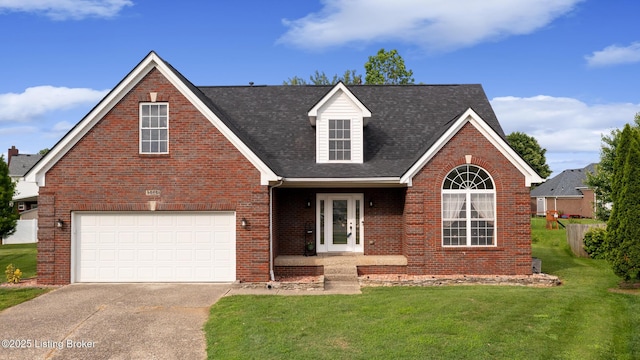 6820 Grandfield Rd, Louisville, KY 40258 - traditional-style house featuring driveway, brick siding, a front lawn, an attached garage, and roof with shingles