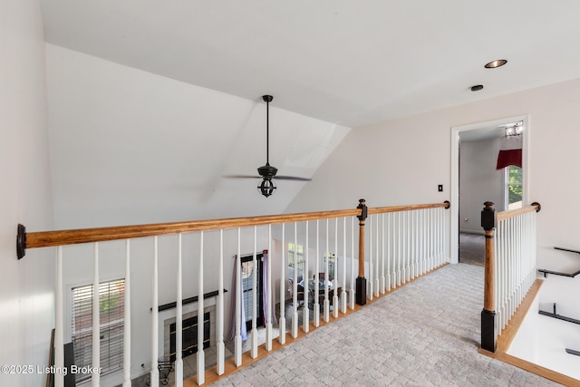 6820 Grandfield Rd, Louisville, KY 40258 - hall with vaulted ceiling, an upstairs landing, and carpet
