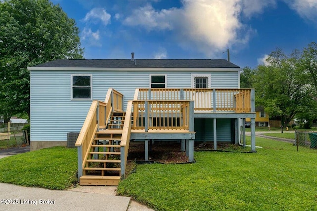 144 Starlite Ct, Louisville, KY 40229 - back of property featuring a wooden deck, stairs, and central AC unit