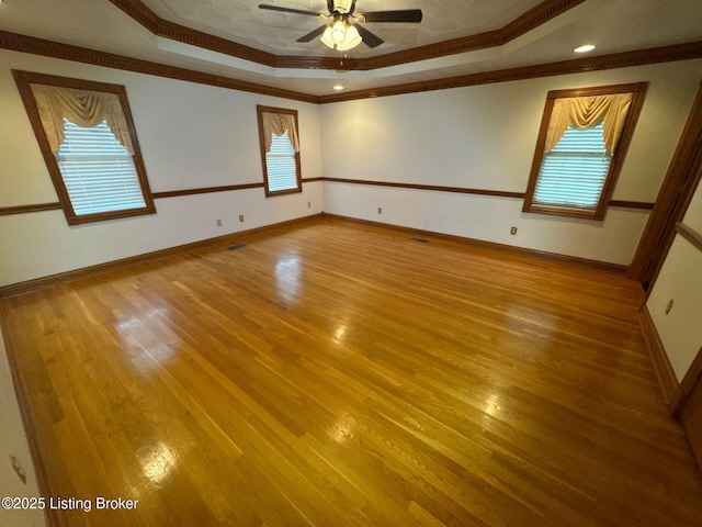 5309 Bardstown Rd, Springfield, KY 40069 - spare room featuring a tray ceiling, crown molding, a ceiling fan, and light wood finished floors
