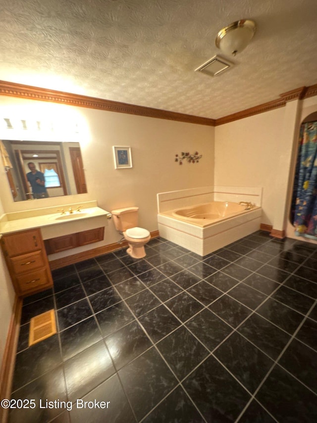 5309 Bardstown Rd, Springfield, KY 40069 - bathroom with ornamental molding, a garden tub, tile patterned flooring, vanity, and a textured ceiling