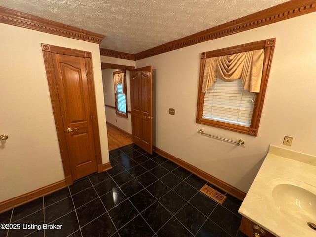5309 Bardstown Rd, Springfield, KY 40069 - bathroom featuring vanity, tile patterned flooring, ornamental molding, and a textured ceiling