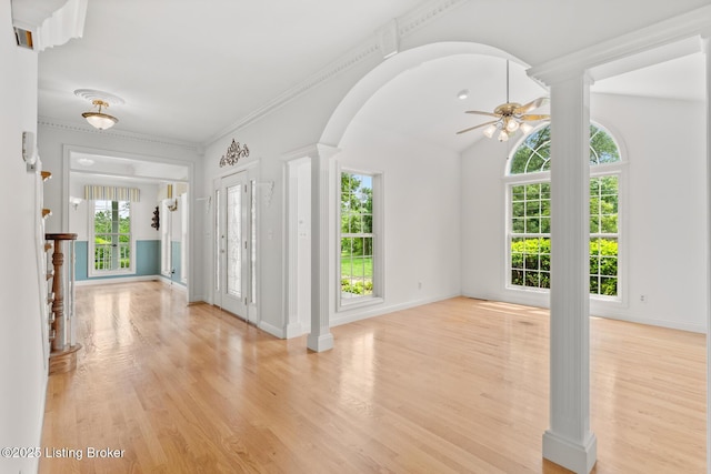 966 Lawrence St, Brandenburg, KY 40108 - foyer entrance with ceiling fan, light wood-style floors, arched walkways, baseboards, and lofted ceiling