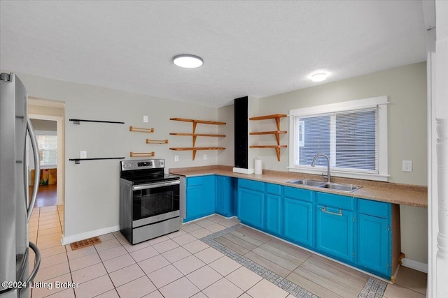 621 S 41st St, Louisville, KY 40211 - kitchen with appliances with stainless steel finishes, a sink, open shelves, blue cabinetry, and light tile patterned floors