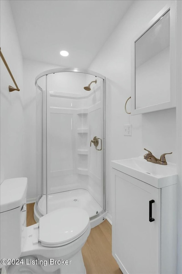 4104 Hispanyola Ct, Louisville, KY 40229 - bathroom featuring toilet, wood finished floors, a shower stall, vanity, and recessed lighting