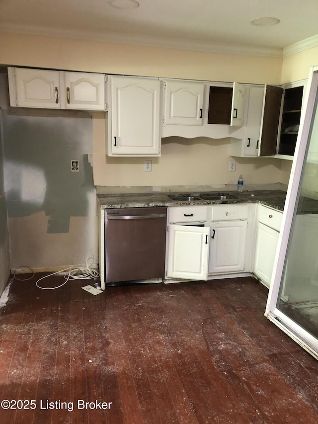 5902 Pageant Way, Louisville, KY 40214 - kitchen featuring dishwasher, ornamental molding, dark wood finished floors, white cabinets, and open shelves