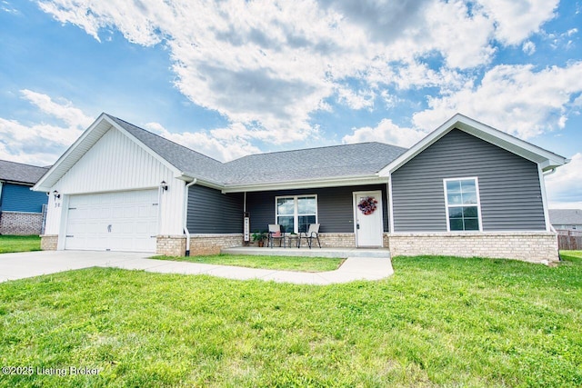 305 Valhalla Trce, Vine Grove, KY 40175 - single story home featuring a garage, a front yard, driveway, covered porch, and a shingled roof