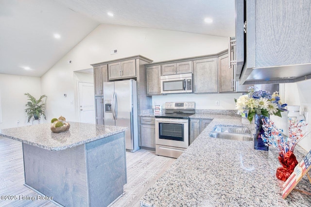 305 Valhalla Trce, Vine Grove, KY 40175 - kitchen with appliances with stainless steel finishes, light wood-type flooring, a center island, light stone counters, and high vaulted ceiling