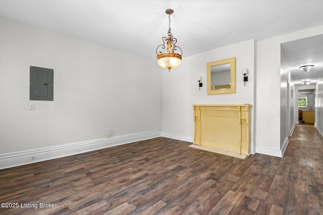 823 S Jackson St, Louisville, KY 40203 - unfurnished dining area featuring electric panel, dark wood-type flooring, and baseboards