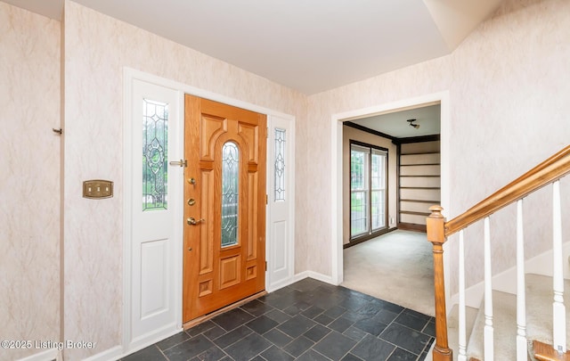 7212 Peppermill Ct, Louisville, KY 40228 - foyer featuring stairway, dark stone finish flooring, and baseboards