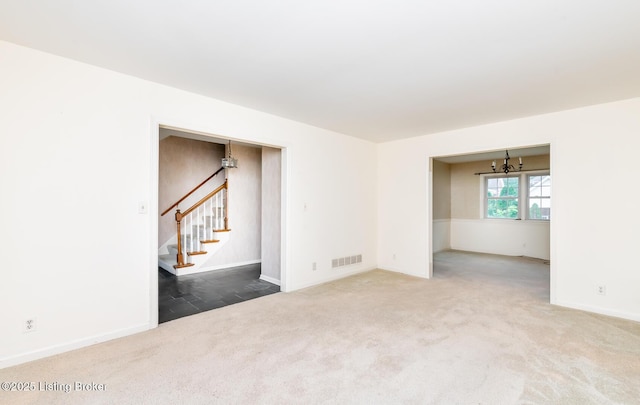 7212 Peppermill Ct, Louisville, KY 40228 - carpeted empty room featuring a chandelier, stairs, and baseboards