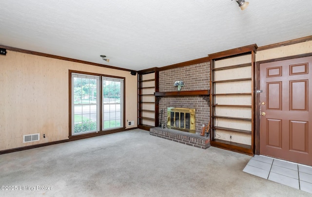 7212 Peppermill Ct, Louisville, KY 40228 - unfurnished living room featuring carpet floors, a textured ceiling, ornamental molding, a brick fireplace, and baseboards