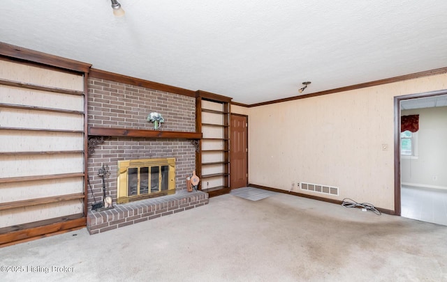 7212 Peppermill Ct, Louisville, KY 40228 - unfurnished living room featuring a brick fireplace, carpet, a textured ceiling, baseboards, and ornamental molding