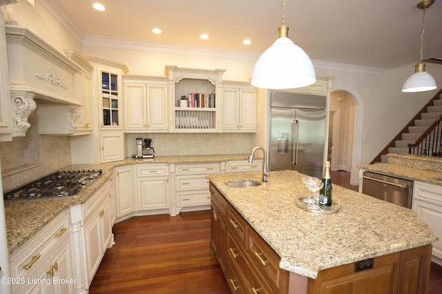 15314 Crystal Springs Way, Louisville, KY 40245 - kitchen with stainless steel appliances, a sink, an island with sink, decorative backsplash, and open shelves