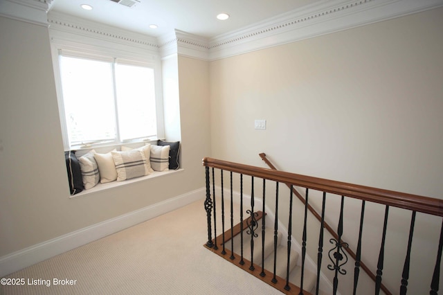 15314 Crystal Springs Way, Louisville, KY 40245 - corridor with an upstairs landing, carpet floors, baseboards, ornamental molding, and recessed lighting