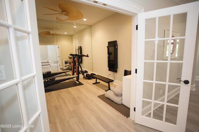15314 Crystal Springs Way, Louisville, KY 40245 - exercise area with wood finished floors, a ceiling fan, french doors, recessed lighting, and baseboards