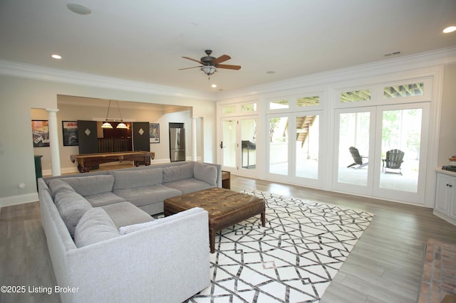 15314 Crystal Springs Way, Louisville, KY 40245 - living area with ornamental molding, billiards table, light wood finished floors, ceiling fan, and recessed lighting