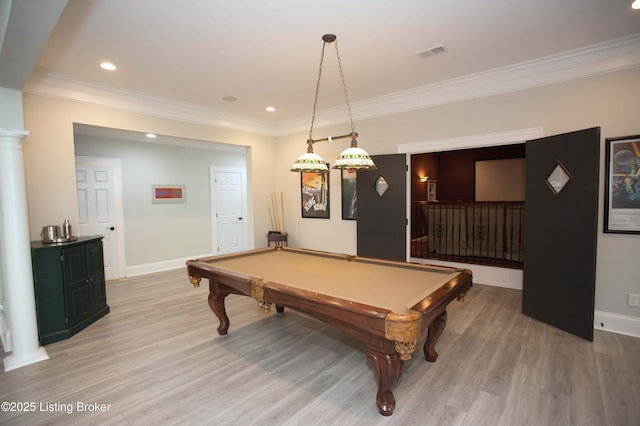 15314 Crystal Springs Way, Louisville, KY 40245 - rec room with light wood-style flooring, ornamental molding, billiards table, baseboards, and decorative columns