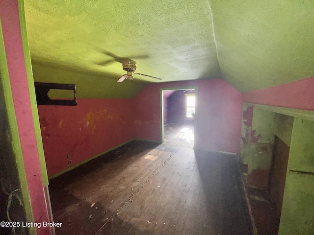 3704 Cliff Ave, Louisville, KY 40215 - additional living space with a ceiling fan, lofted ceiling, wood finished floors, a textured ceiling, and baseboards