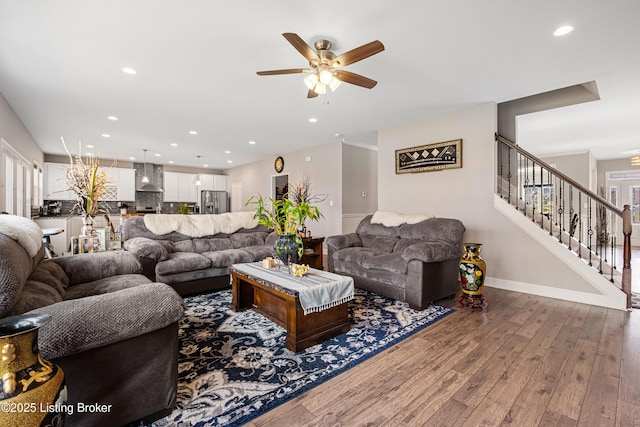 18001 Teton Ridge Ct, Louisville, KY 40245 - living area featuring a ceiling fan, wood finished floors, stairs, recessed lighting, and healthy amount of natural light