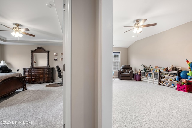 18001 Teton Ridge Ct, Louisville, KY 40245 - bedroom with carpet flooring, ceiling fan, and lofted ceiling