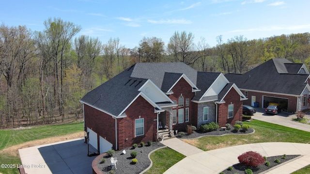 7910 Wooded Ridge Dr, Louisville, KY 40214 - traditional-style house with concrete driveway, brick siding, a garage, a front lawn, and a view of trees