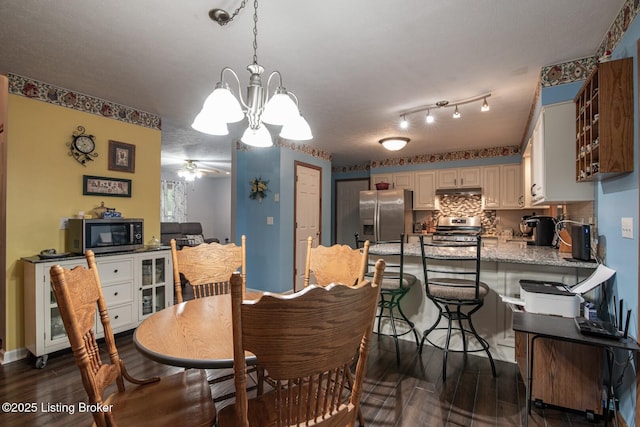 17 Bittersweet Pl, Brandenburg, KY 40108 - dining space featuring a chandelier, dark wood-style floors, beverage cooler, and ceiling fan