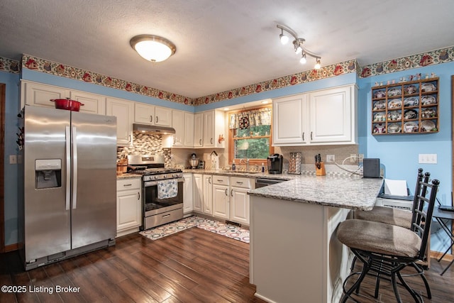 17 Bittersweet Pl, Brandenburg, KY 40108 - kitchen featuring appliances with stainless steel finishes, a peninsula, dark wood-style floors, a sink, and under cabinet range hood