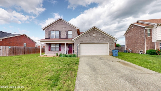 134 Wood Duck Ct, Shepherdsville, KY 40165 - traditional-style home with brick siding, an attached garage, concrete driveway, and covered porch