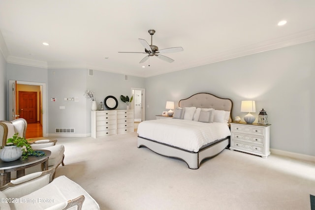1014 Anchorage Woods Cir, Anchorage, KY 40223 - bedroom with carpet flooring, ornamental molding, baseboards, recessed lighting, and a ceiling fan