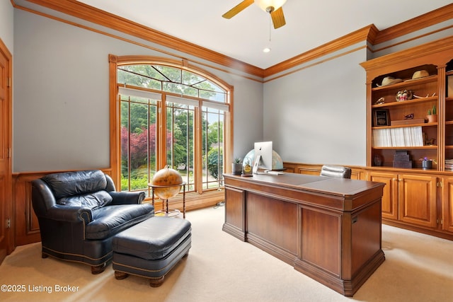 1014 Anchorage Woods Cir, Anchorage, KY 40223 - office space featuring crown molding, light colored carpet, wainscoting, a ceiling fan, and healthy amount of natural light
