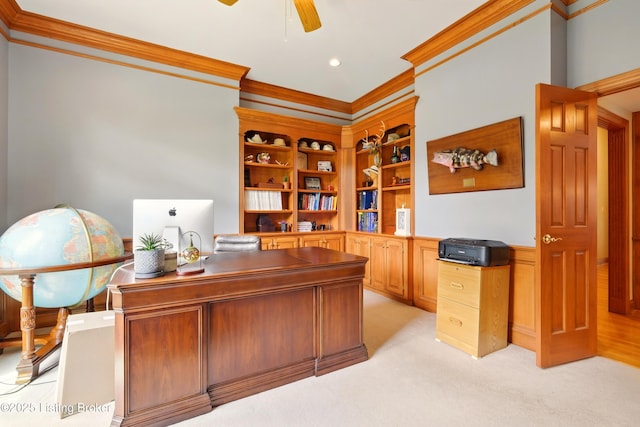 1014 Anchorage Woods Cir, Anchorage, KY 40223 - office area with ornamental molding, ceiling fan, and light carpet