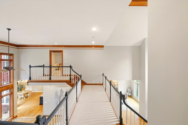 1014 Anchorage Woods Cir, Anchorage, KY 40223 - corridor with wood finished floors, an upstairs landing, baseboards, and recessed lighting