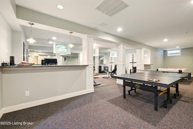 1014 Anchorage Woods Cir, Anchorage, KY 40223 - game room featuring ornate columns, recessed lighting, carpet floors, and baseboards