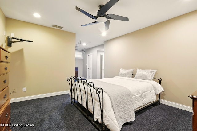 1014 Anchorage Woods Cir, Anchorage, KY 40223 - bedroom with dark carpet, baseboards, recessed lighting, and a ceiling fan