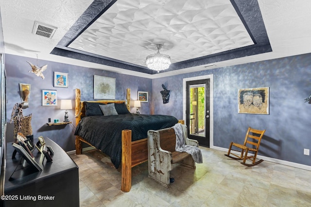 2327 Highgrove Rd, Coxs Creek, KY 40013 - bedroom featuring a raised ceiling, access to exterior, a chandelier, and baseboards