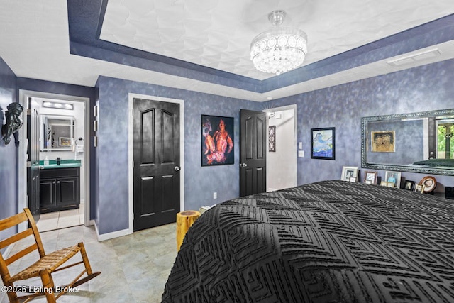 2327 Highgrove Rd, Coxs Creek, KY 40013 - bedroom with a tray ceiling, a chandelier, a sink, and baseboards
