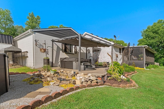 2327 Highgrove Rd, Coxs Creek, KY 40013 - back of property with a hot tub, a sunroom, a lawn, concrete block siding, and a patio