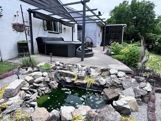 2327 Highgrove Rd, Coxs Creek, KY 40013 - view of patio / terrace with a hot tub, a small pond, a pergola, and a sunroom