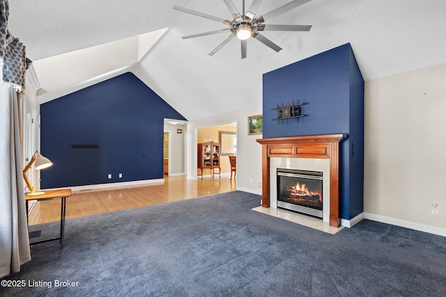 126 Deep Springs Dr, Bardstown, KY 40004 - unfurnished living room with carpet floors, a ceiling fan, lofted ceiling, a fireplace, and baseboards