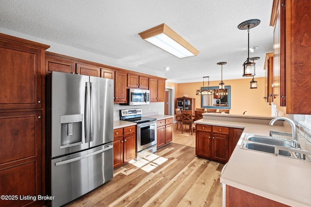 126 Deep Springs Dr, Bardstown, KY 40004 - kitchen featuring appliances with stainless steel finishes, a sink, a peninsula, light wood finished floors, and decorative light fixtures
