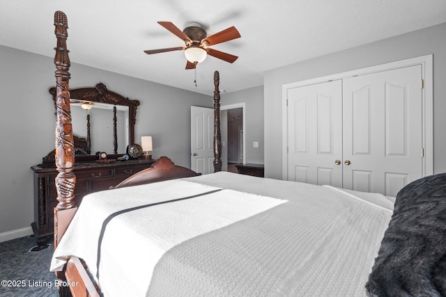 126 Deep Springs Dr, Bardstown, KY 40004 - bedroom with a closet, dark carpet, baseboards, and ceiling fan
