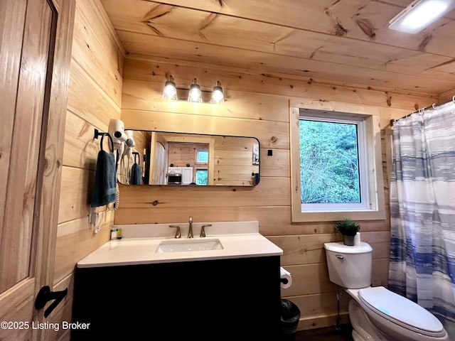 LOT3 Twin Arch Rd, Stanton, KY 40380 - full bathroom featuring wooden walls, toilet, vanity, wood ceiling, and a shower with shower curtain