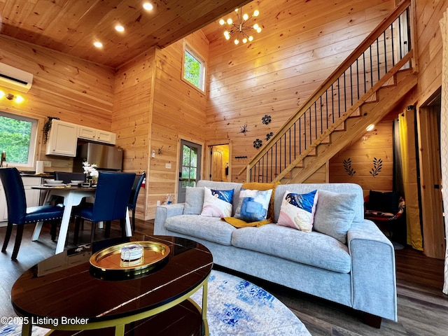 LOT3 Twin Arch Rd, Stanton, KY 40380 - living area featuring healthy amount of natural light, stairs, wooden ceiling, a high ceiling, and wood walls
