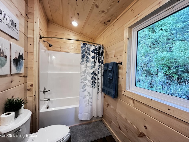 LOT3 Twin Arch Rd, Stanton, KY 40380 - bathroom featuring toilet, wood walls, wood ceiling, shower / tub combo with curtain, and healthy amount of natural light